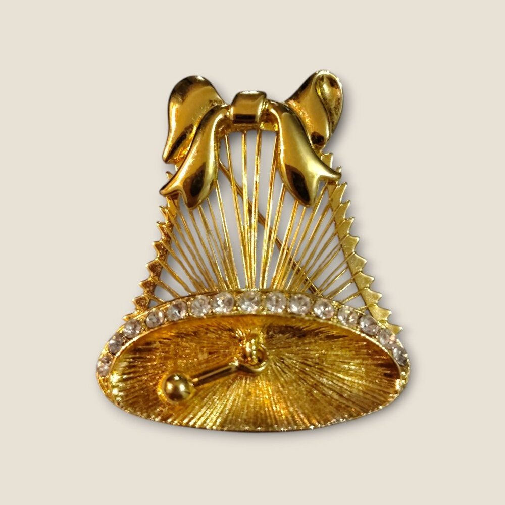 Monet Gold Bell Brooch With Rhinestones & Bow Design  Elegant Vintage Jewelry